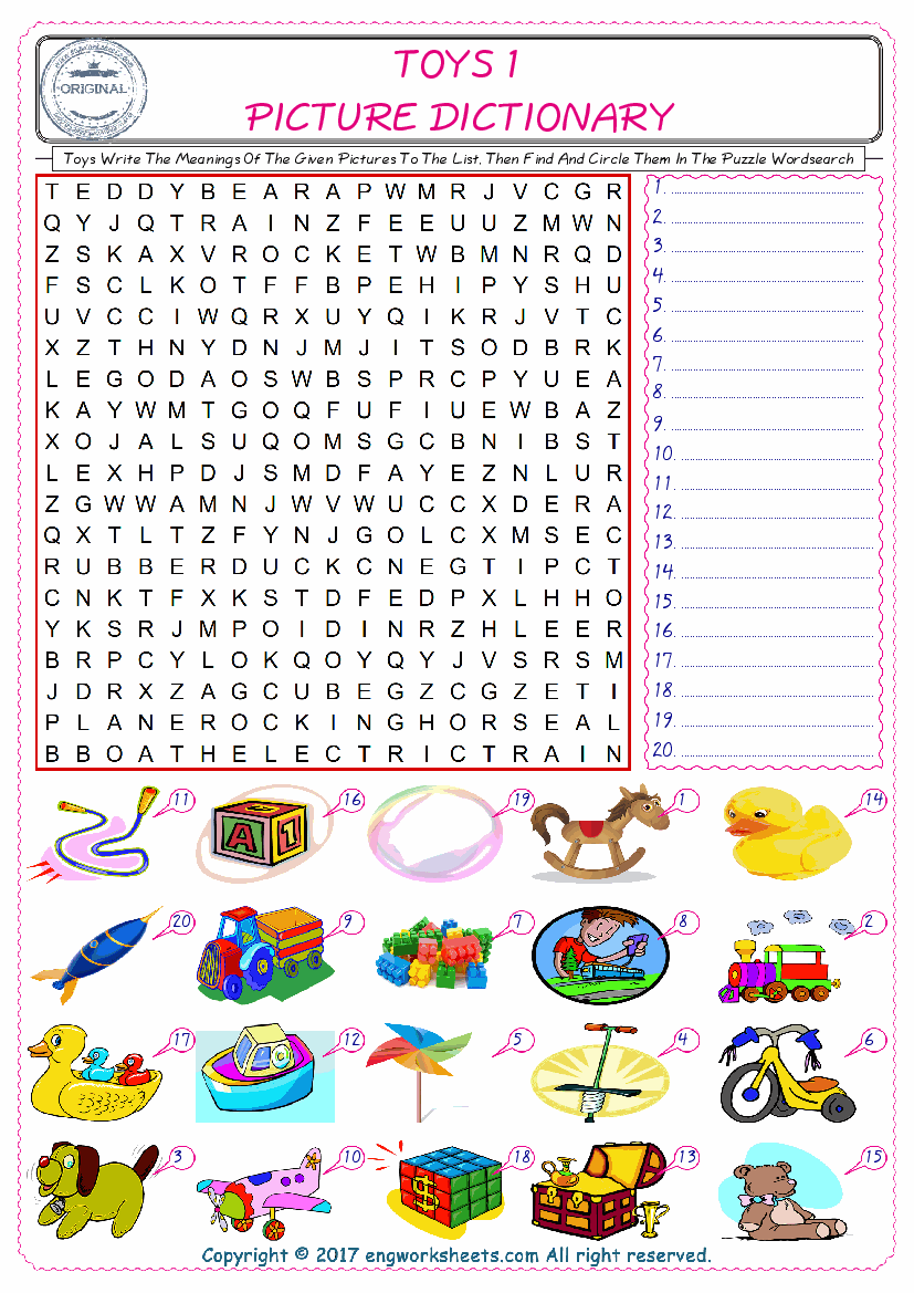  For kids, check the picture of Toys find, and write the word and find it in the word puzzle ESL printable worksheet. 